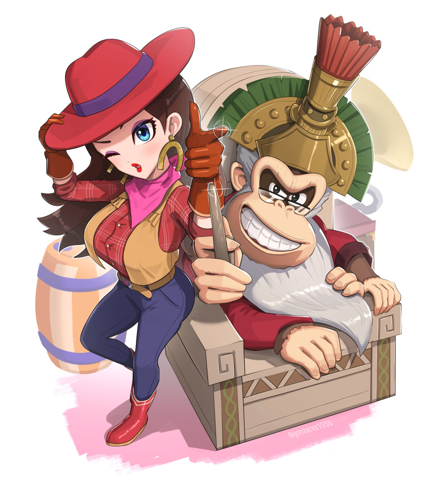 1boy, 1girl, absurdres, bandana, barrel, beard, blue_eyes, blue_pants, boots, breasts, brown_hair, brown_vest, cranky_kong, denim, facial_hair, glasses, gloves, gonzarez, gorilla, grey_hair, hat, highres, horseshoe_earrings, jeans, large_breasts, long_beard, looking_at_viewer, mario_kart, mario_kart_tour, official_alternate_costume, on_chair, one_eye_closed, open_mouth, pants, pauline_(cowgirl), pauline_(mario), pink_bandana, pointing, red_footwear, red_gloves, red_headwear, red_lips, red_shirt, shirt, sitting, super_mario_bros., teeth, throne, vest