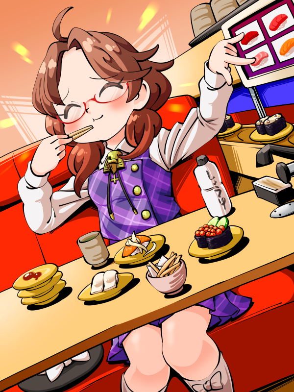 1girl, ahoge, brown_hair, chopsticks, eating, feet_out_of_frame, food, glasses