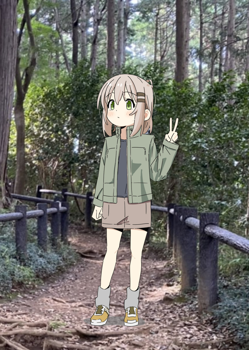 1girl, :/, absurdres, arm_at_side, blush, brown_hair, brown_skirt, cargo_skirt