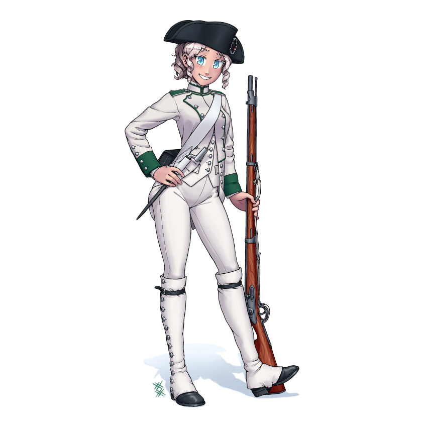 1girl, absurdres, american_revolution, antique_firearm, bayonet, belt, black_footwear, black_headwear