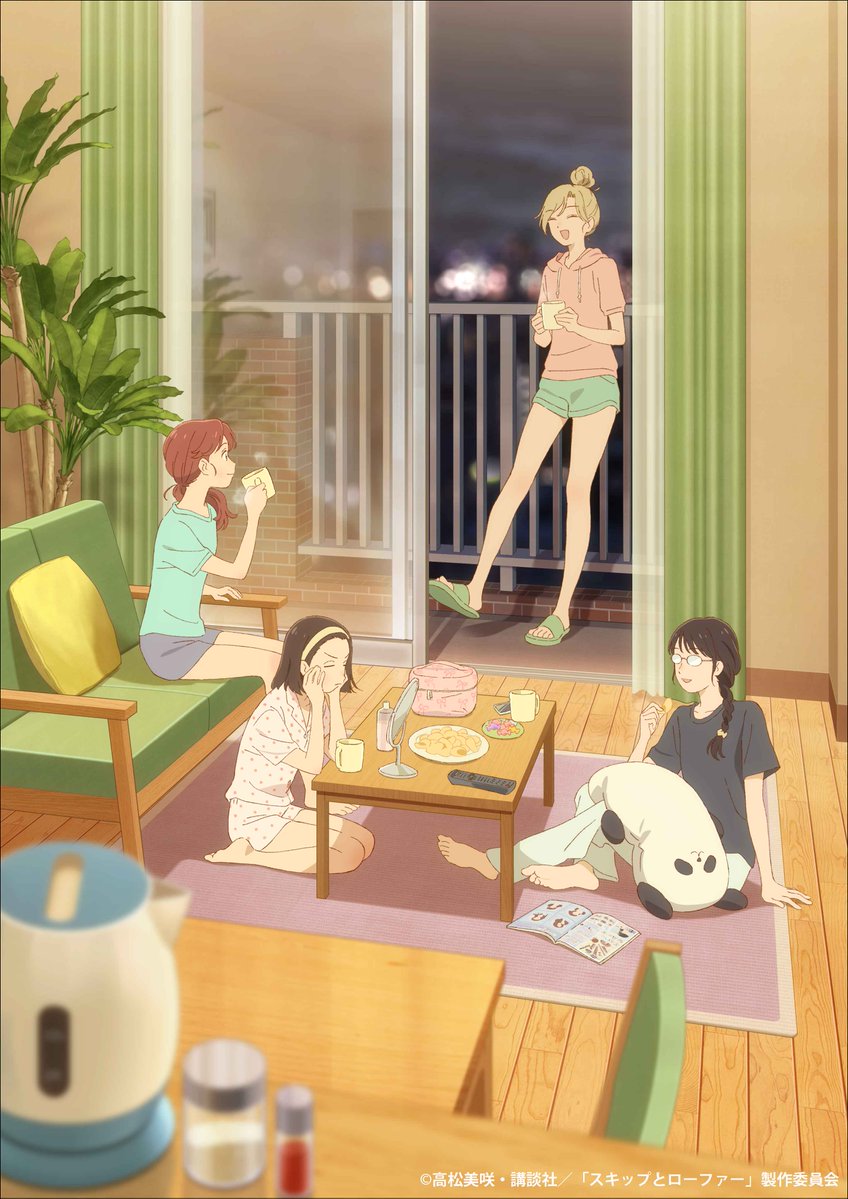 4girls, bag, barefoot, barefoot_sandals, black_hair, black_shirt, blonde_hair, blue_shirt