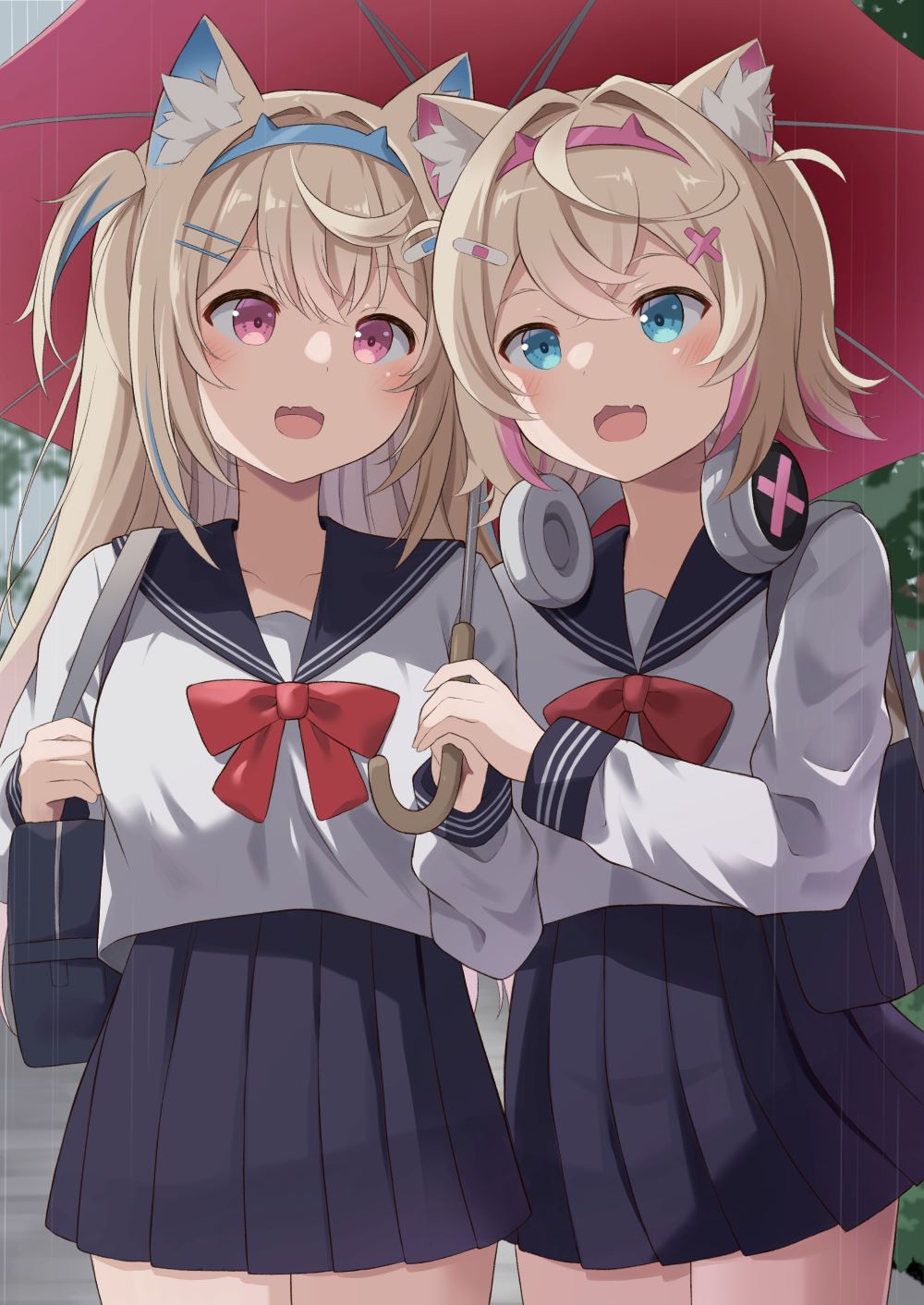 2girls, :3, :d, animal_ear_fluff, animal_ears, blonde_hair, blue_eyes, blue_hair