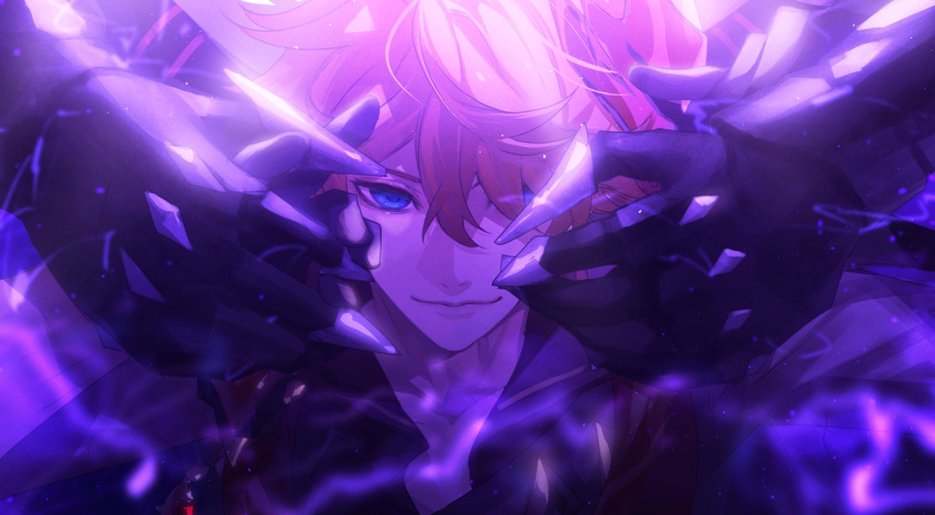 1boy, 1other, black_gloves, blue_eyes, closed_mouth, collared_shirt, commentary_request, crossed_bangs
