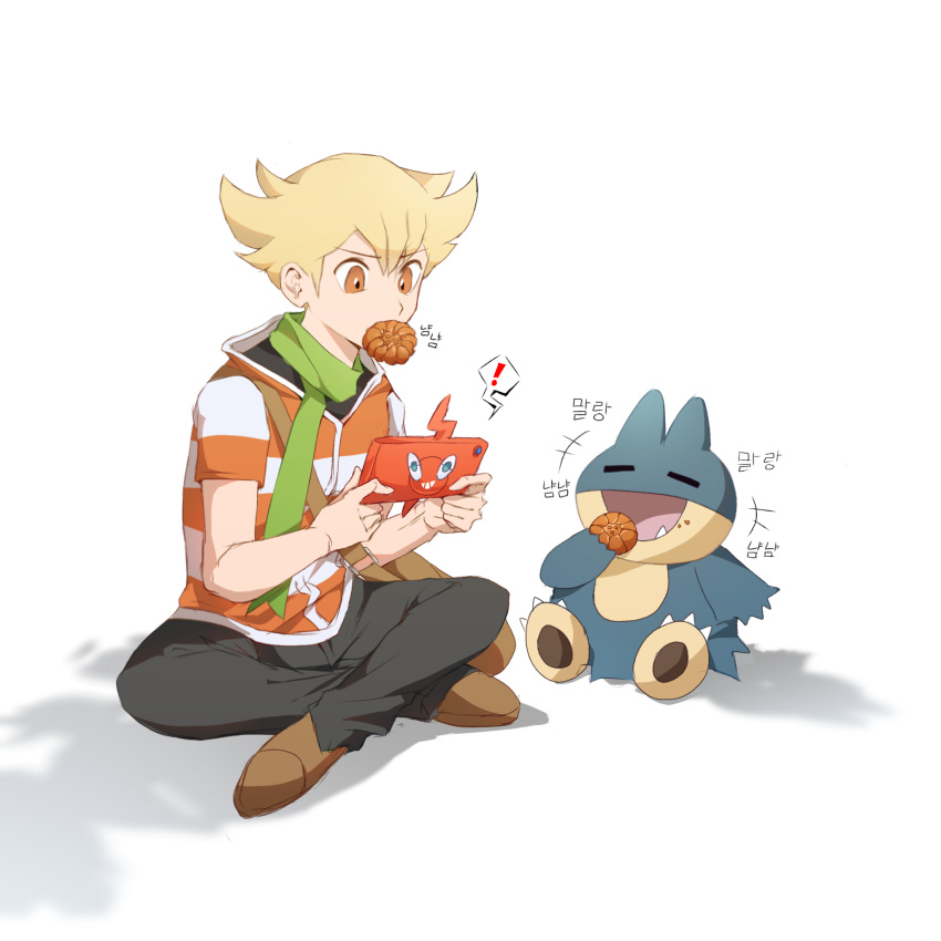 !, 1boy, bag, barry_(pokemon), blonde_hair, brown_eyes, brown_footwear, eating