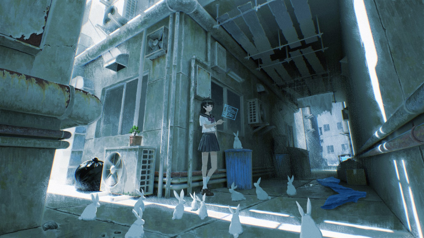 1girl, alley, alternate_costume, black_eyes, black_footwear, black_hair, black_sailor_collar, black_skirt