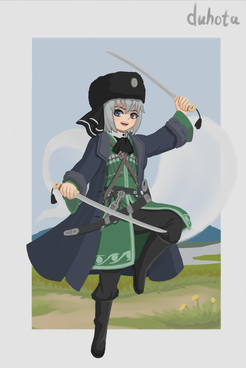 1girl, absurdres, adapted_costume, alternate_costume, alternate_weapon, belt, black_footwear, blue_eyes