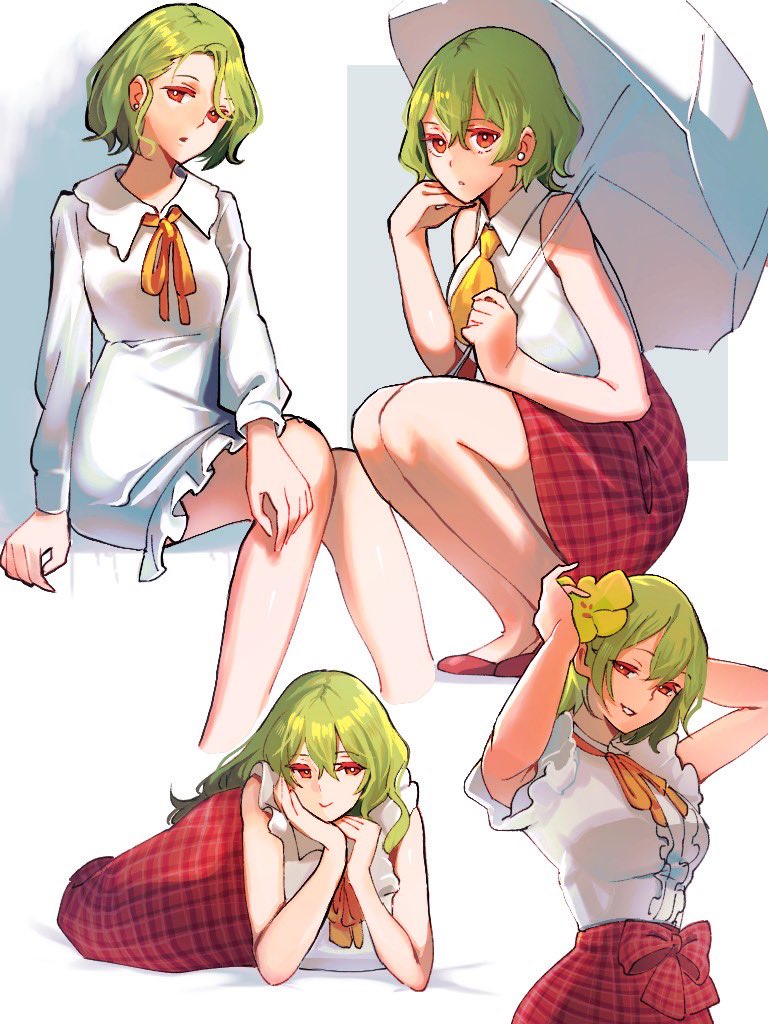 1girl, adjusting_hair, bow, dress, earrings, flower, green_hair, hair_flower