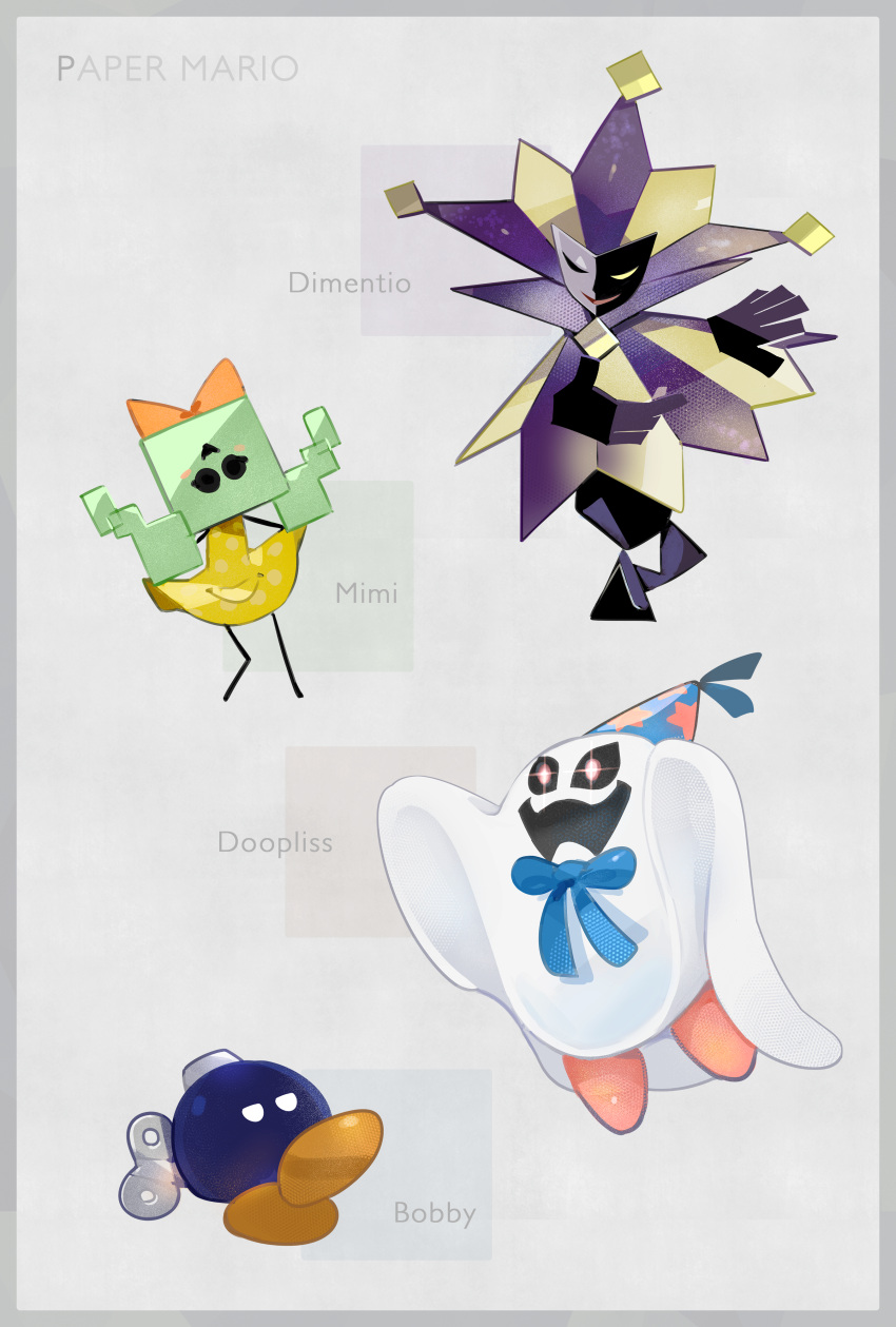 1girl, 3boys, absurdres, bobby_(paper_mario), bow, character_name, copyright_name, crossed_legs