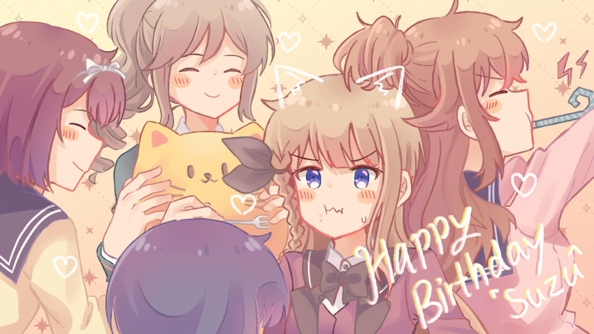 5girls, :t, absurdres, black_bow, black_bowtie, blonde_hair, blue_eyes, blue_sailor_collar, blush_stickers, bow, bowtie, brown_hair, cardigan, cat_pillow, chewing, closed_eyes, closed_mouth, drill_hair, drill_ponytail, facing_ahead, feeding, fork, grey_hair, half_updo, hayasaka_mei, highres, holding, holding_fork, holding_pillow, hoshimi_private_high_school_uniform, ibuki_nagisa, idoly_pride, kabotd, lightning_bolt_symbol, moon_tempest, multiple_girls, nagase_kotono, narumiya_suzu, party_horn, pillow, pink_cardigan, ponytail, profile, sailor_collar, school_uniform, shiraishi_saki, short_hair, smile, sweatdrop, v-shaped_eyebrows, yellow_cardigan