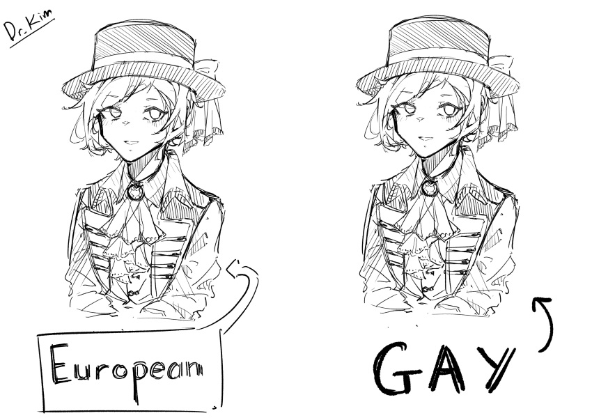 1girl, absurdres, artist_name, ascot, boater_hat, coat, dr.kim, english_text