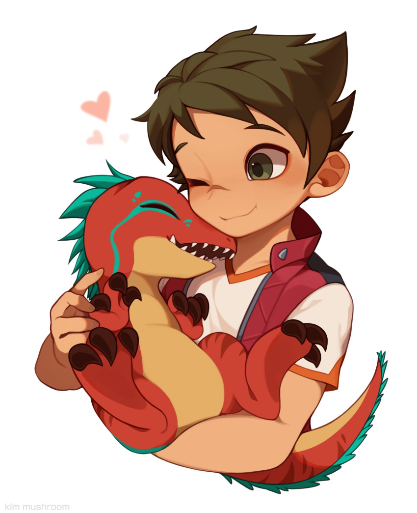 1boy, brown_hair, carrying, closed_mouth, dinosaur, dinoster, green_eyes, heart