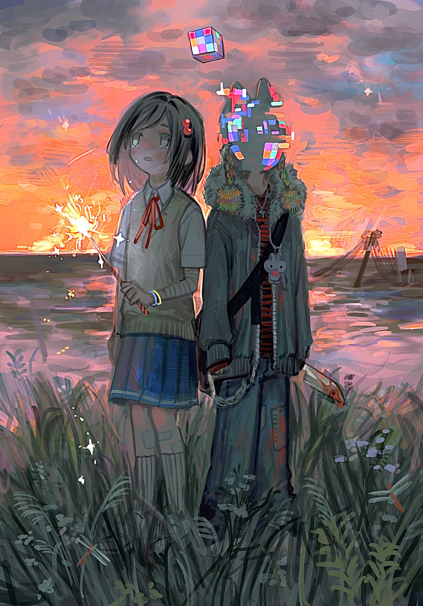 1girl, 1other, ambiguous_gender, animal_ears, bandage_on_leg, bandaged_arm, bandages, black_hair