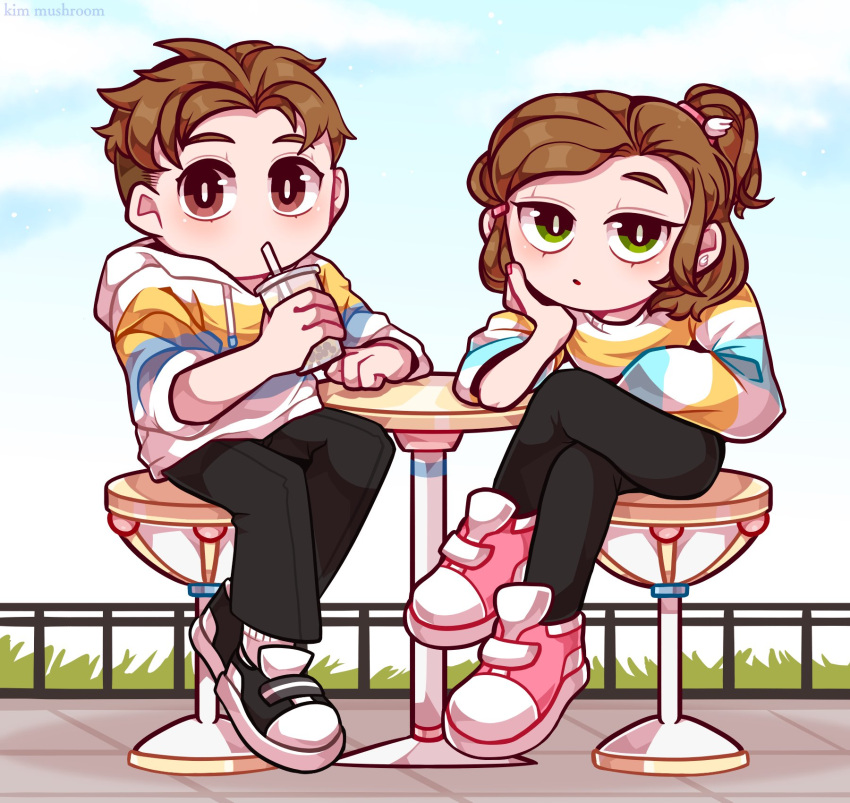 1boy, 1girl, black_footwear, black_pants, brown_hair, bubble_tea, chair, drinking