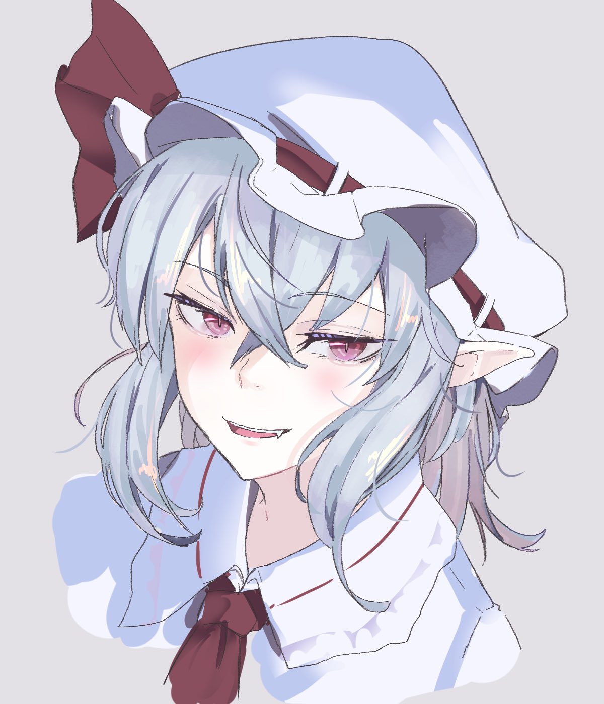 1girl, :d, ascot, commentary_request, crossed_bangs, embodiment_of_scarlet_devil, fang, grey_background