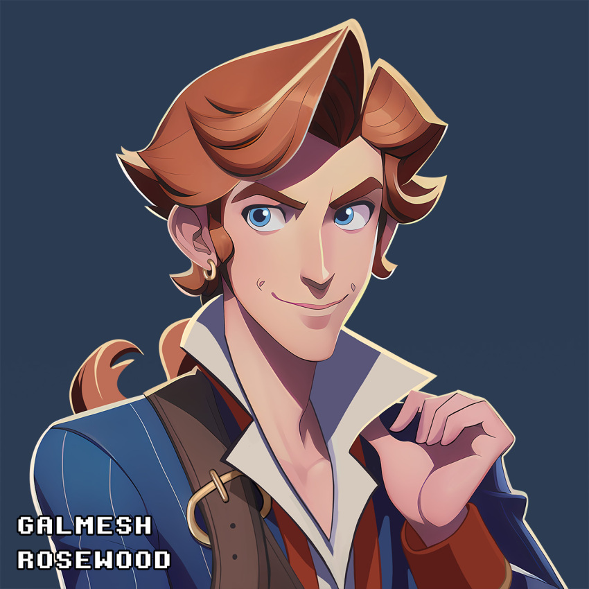1boy, artist_name, blue_eyes, brown_hair, earrings, english_commentary, galmesh_rosewood, grey_background, guybrush_threepwood, highres, jewelry, long_hair, long_sleeves, looking_at_viewer, male_focus, monkey_island, sidelocks, simple_background, smile, solo, upper_body