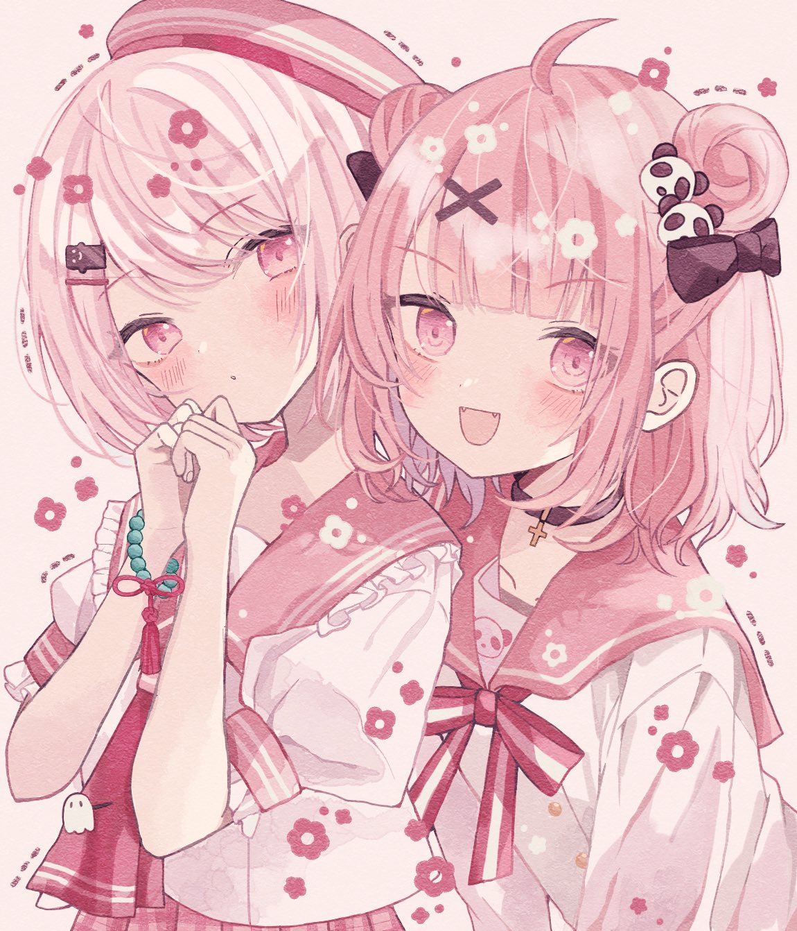 2girls, ahoge, blush, bow, bracelet, double_bun, fang, hair_bun, hair_ornament, hat, highres, jewelry, looking_at_viewer, multiple_girls, necktie, nijisanji, open_mouth, panda_hair_ornament, pink_eyes, pink_hair, pink_necktie, pink_sailor_collar, pink_serafuku, pink_skirt, puffy_sleeves, sailor_collar, sasaki_saku, sasaki_saku_(6th_costume), school_uniform, serafuku, shiina_yuika, shiina_yuika_(7th_costume), shirt, short_hair, short_sleeves, skirt, smile, virtual_youtuber, white_shirt, x_hair_ornament, yuzuriha_(nx_e78)