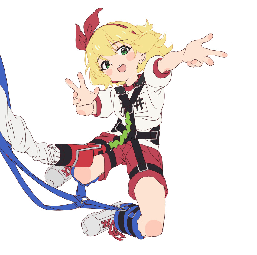 1girl, absurdres, blonde_hair, blush_stickers, bow, bungee_cord, bungee_jumping, commentary