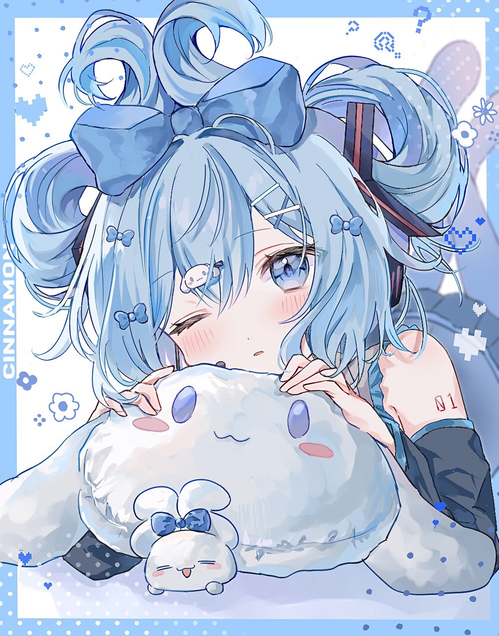 1girl, blue_bow, blue_eyes, blue_hair, blush, bow, cinnamiku, cinnamoroll