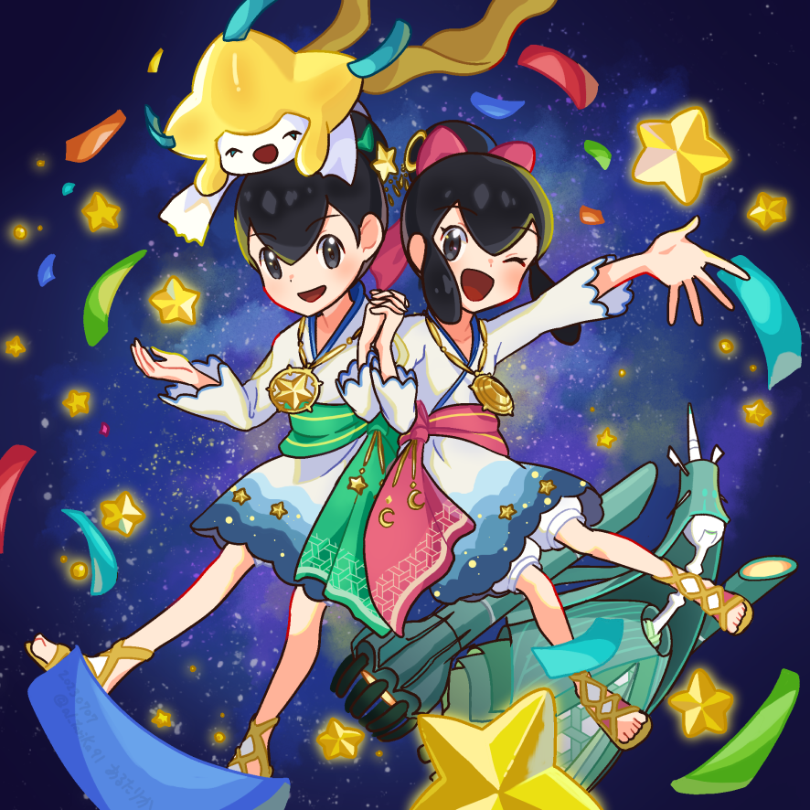 ;d, arutarika_(ri_kaoekaki), black_eyes, black_hair, brother_and_sister, celesteela, green_sash, hair_between_eyes