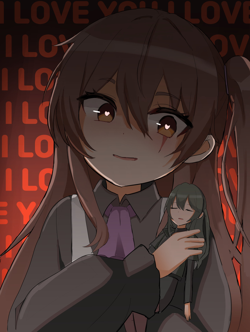 2girls, absurdres, aged_down, ascot, black_shirt, brown_eyes, brown_hair, closed_eyes
