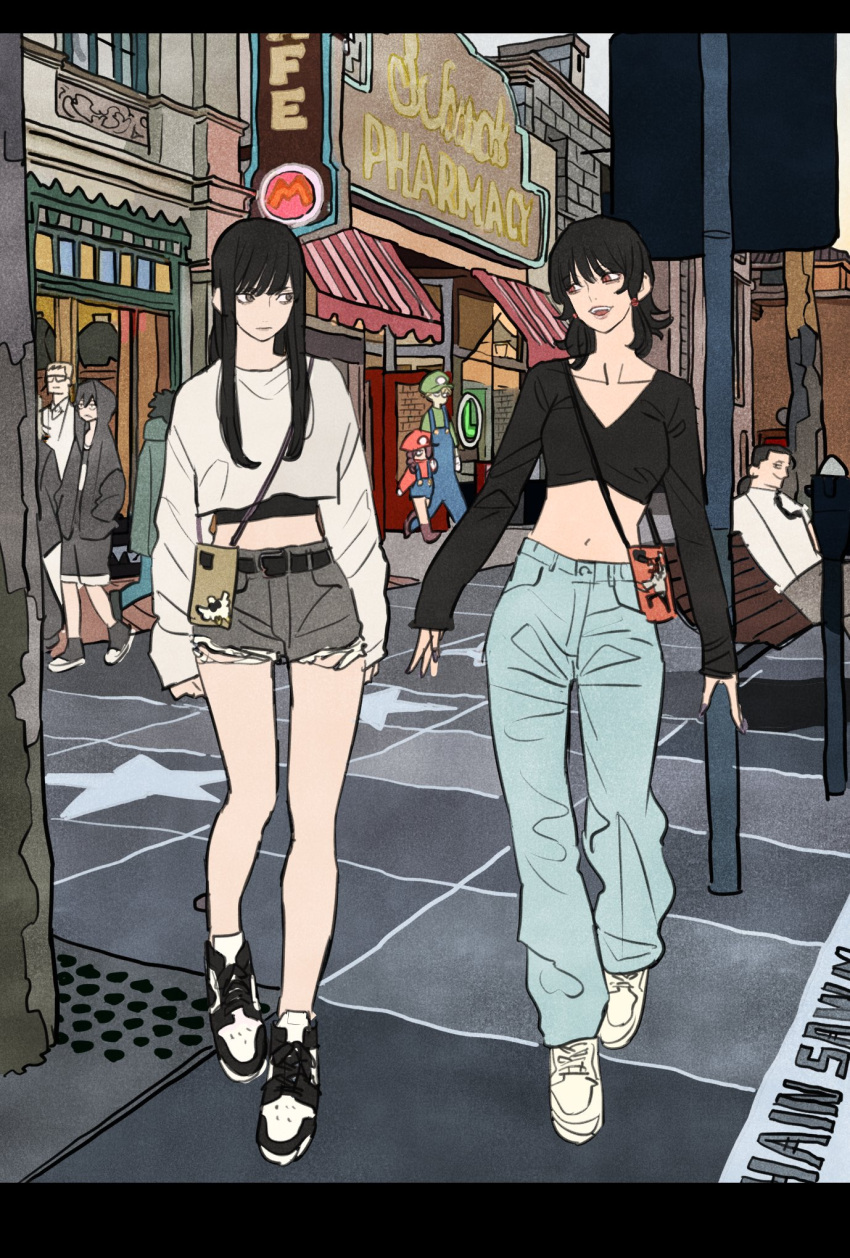 barem_(chainsaw_man), black_hair, black_necktie, black_pants, chainsaw_man, collared_shirt, denim, denim_shorts