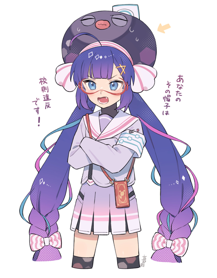 1girl, ahoge, angry, armband, bag, black_undershirt, blue_eyes, blue_hair
