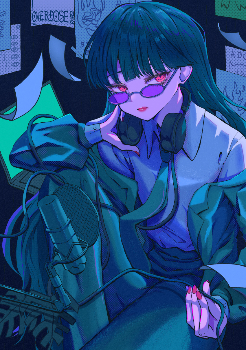1girl, absurdres, ado_(utaite), black_hair, blunt_bangs, cable, character_name, closed_mouth
