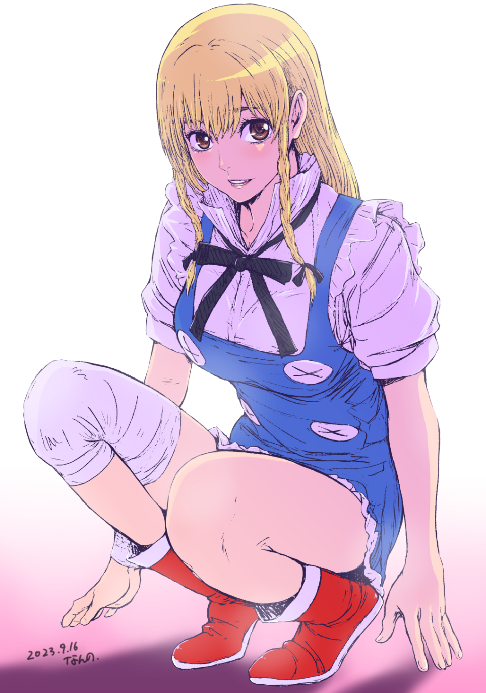 1girl, arm_support, bandage_on_knee, black_bow, black_bowtie, black_ribbon, blonde_hair, blue_overalls, bow, bowtie, braided_sidelock, brown_eyes, commentary, dated, dizzy_(other_zone), full_body, hair_ribbon, highres, knees_up, long_hair, looking_at_viewer, nanno_koto, on_ground, other_zone, overalls, parted_lips, puffy_sleeves, red_footwear, ribbon, shadow, shirt, signature, simple_background, solo, squatting, symbol-only_commentary, white_background, white_shirt