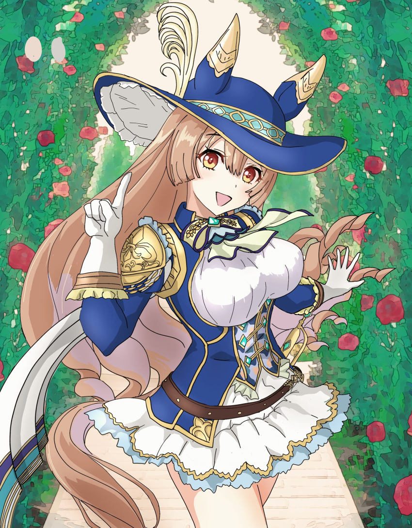 1girl, :d, animal_ears, ascot, belt, blue_headwear, blue_vest, brown_eyes