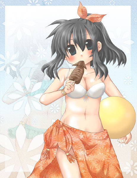 ball, beachball, bikini, black_eyes, black_hair, cuttlefish, komatsu_(komayun), sarong