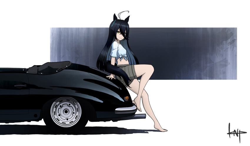 absurdres, ahoge, animal_ears, barefoot, black_hair, brown_shorts, car, ear_piercing