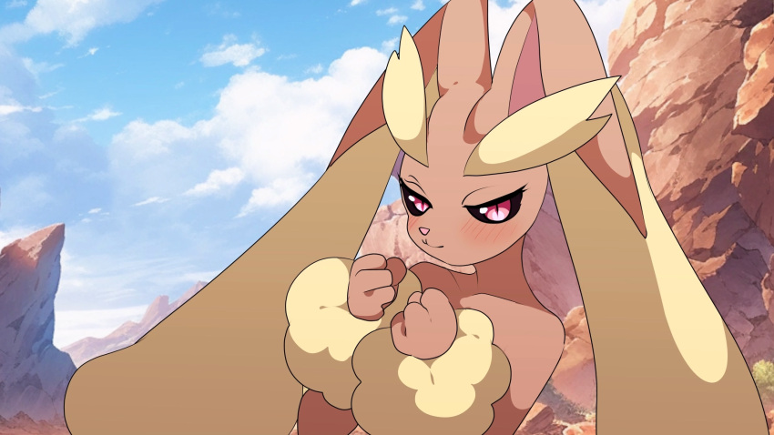 1girl, :3, animal_ears, animal_nose, black_sclera, blue_sky, blush, body_fur