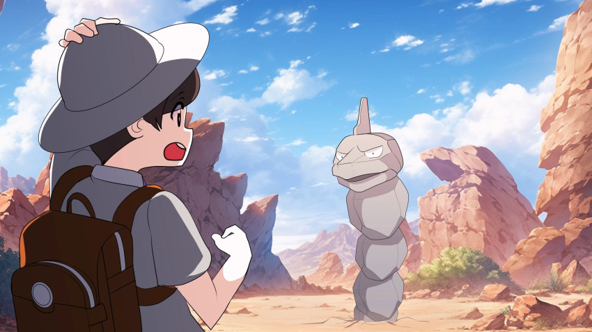 1boy, adjusting_clothes, adjusting_headwear, arm_up, backpack, bag, black_eyes, blue_sky