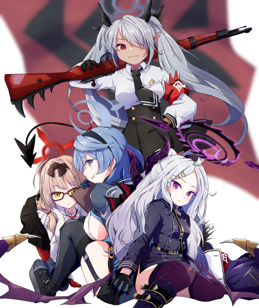4girls, ahoge, ako_(blue_archive), all_fours, armband, back-to-back, belt, black_coat