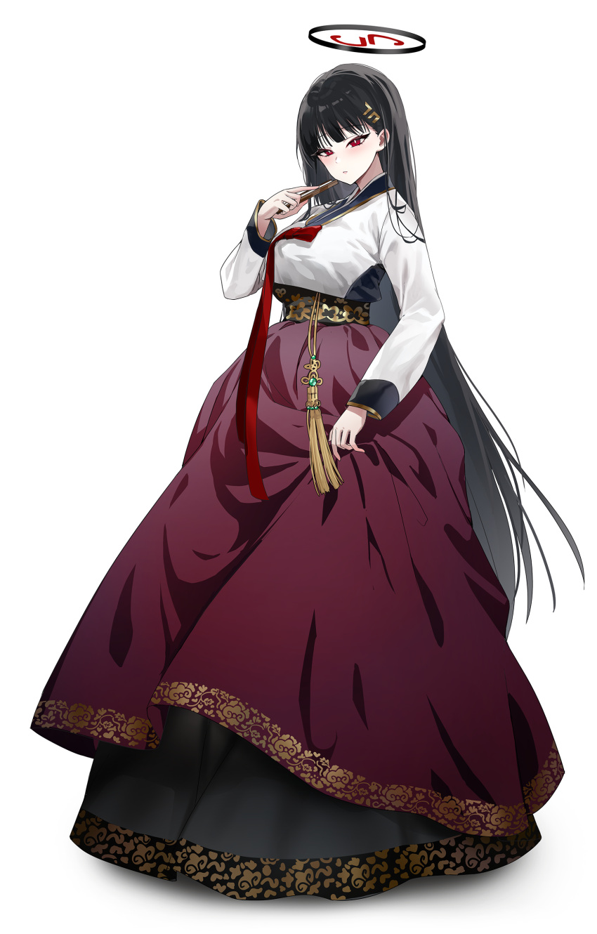 1girl, absurdres, alternate_costume, black_hair, blue_archive, blush, breasts, folding_fan