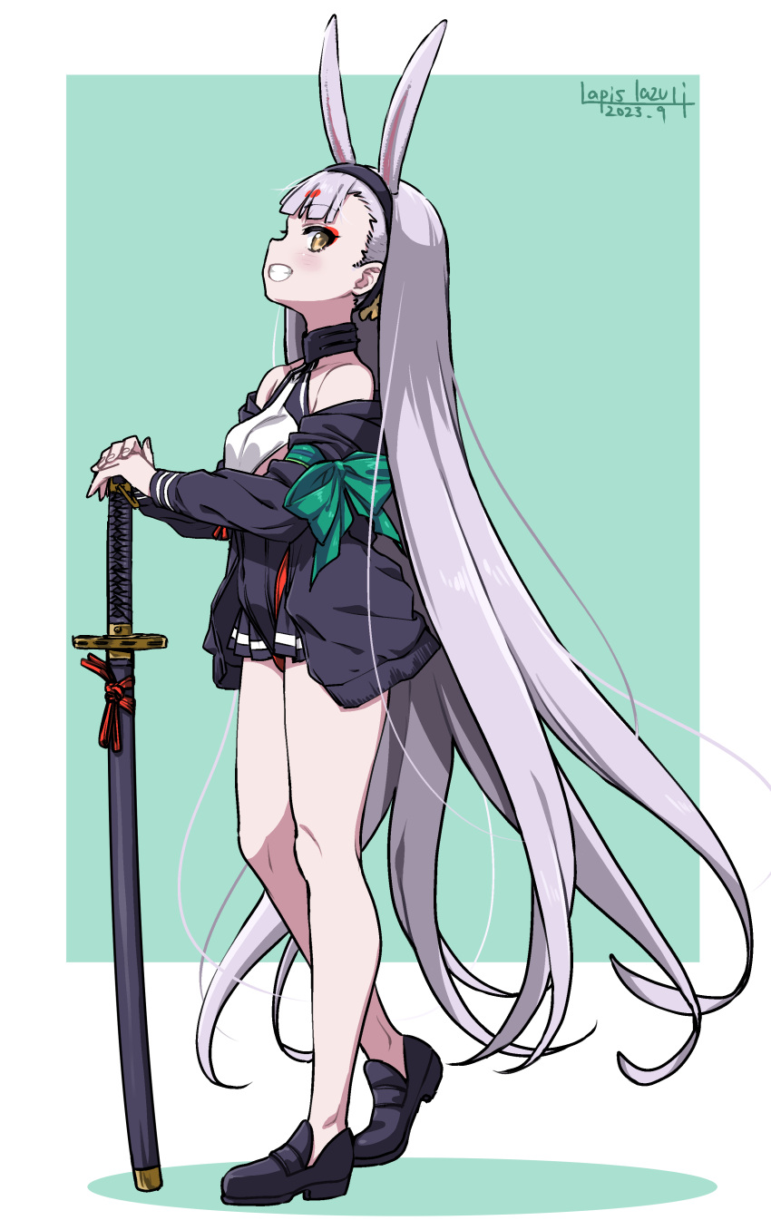 1girl, absurdres, animal_ears, azur_lane, bikini, bikini_bottom_only, bikini_over_clothes, black_footwear