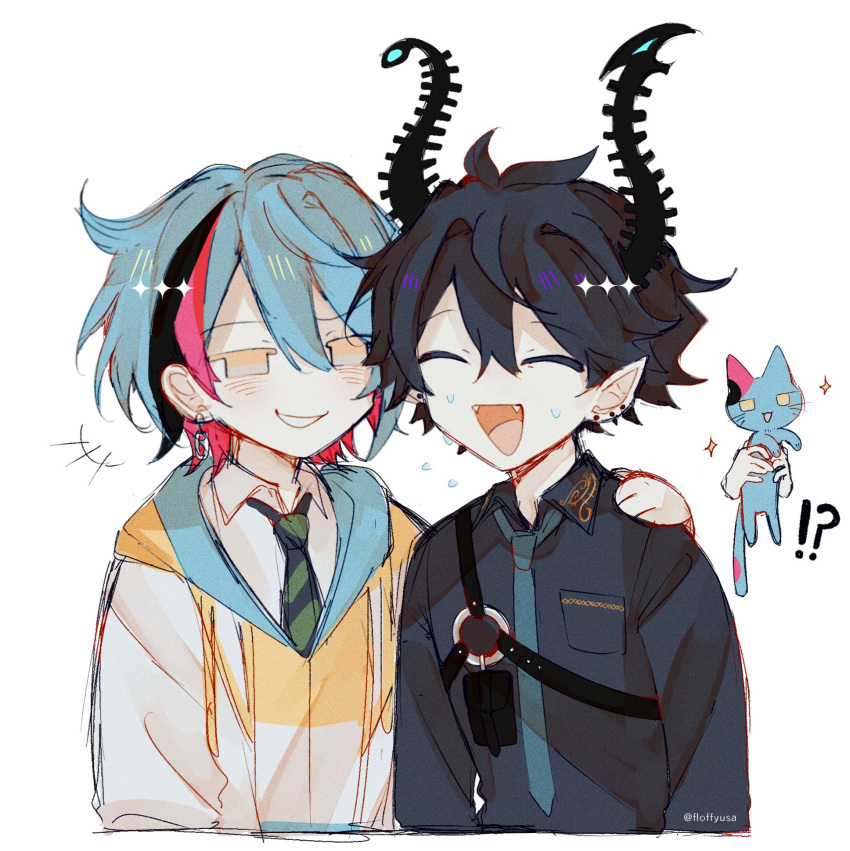 !?, +++, 2boys, :d, ^_^, animalization, arm_around_shoulder, artist_name