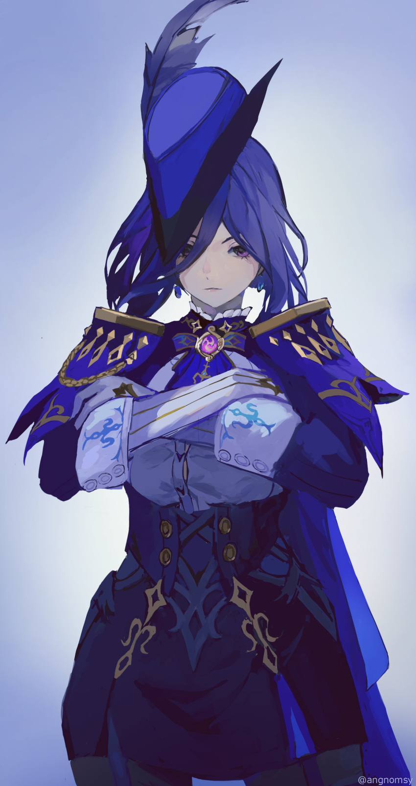 1girl, absurdres, angnomsy, blue_cape, blue_hair, blue_headwear, breasts, cape