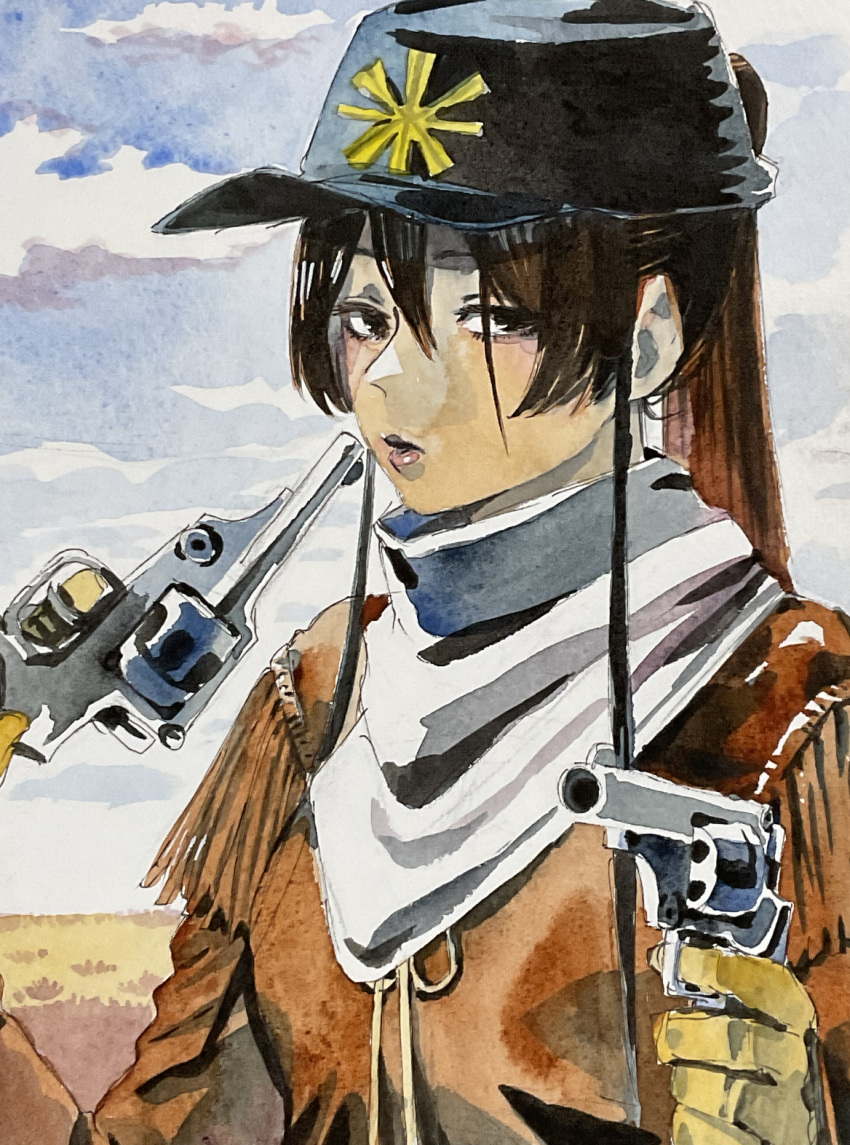 1girl, alternate_costume, brown_eyes, brown_gloves, brown_hair, clouds, cowboy, cowboy_western