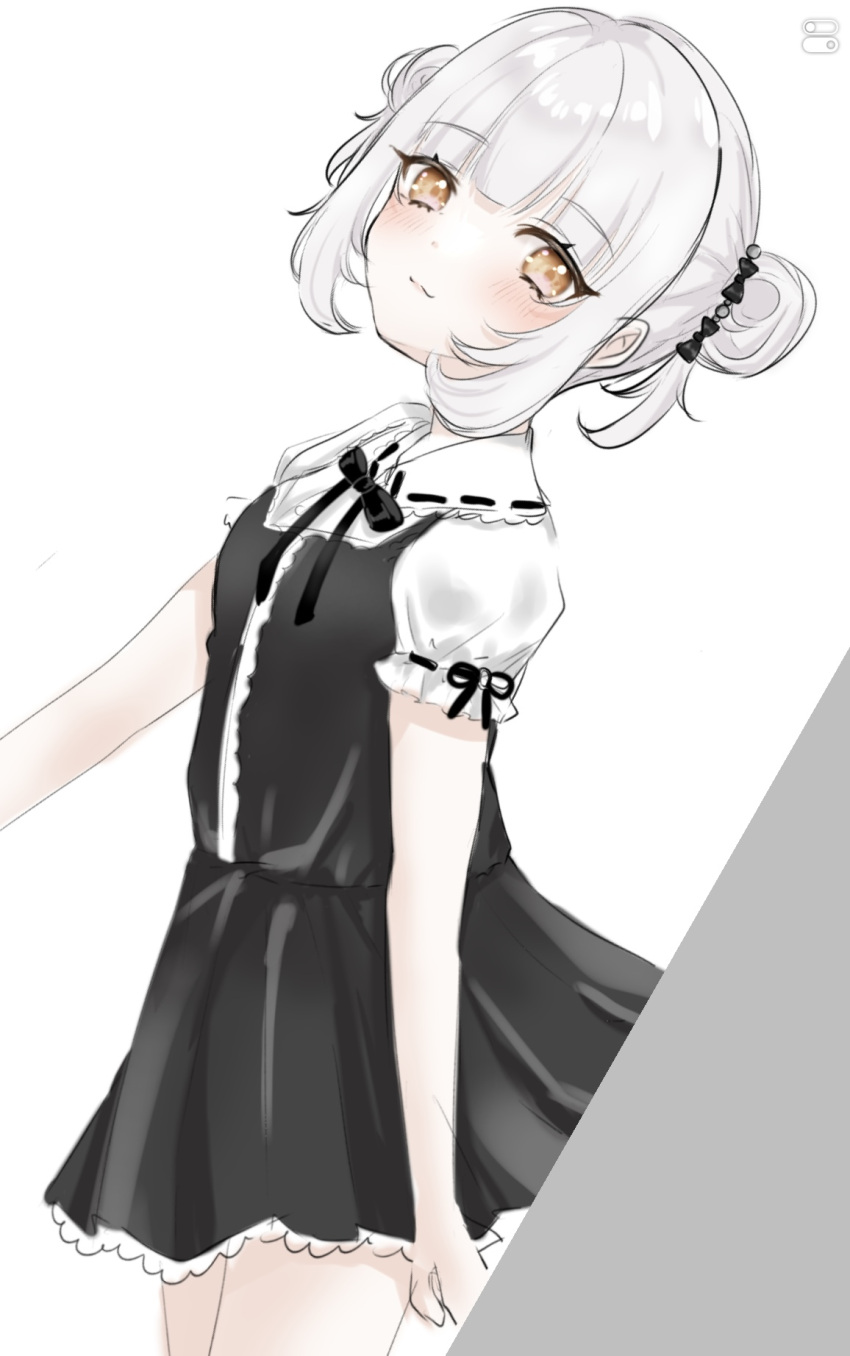 1girl, black_dress, blush, brown_eyes, closed_mouth, d4dj, double_bun, dress