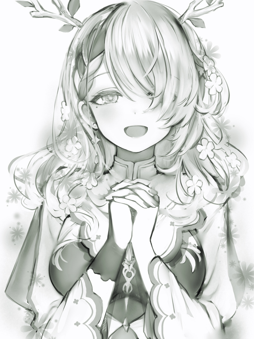 1girl, :d, absurdres, antlers, braid, braided_bangs, breasts, ceres_fauna