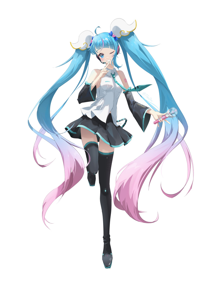 1girl, absurdres, ahoge, ayesha618, black_skirt, black_thighhighs, blue_eyes, blue_hair