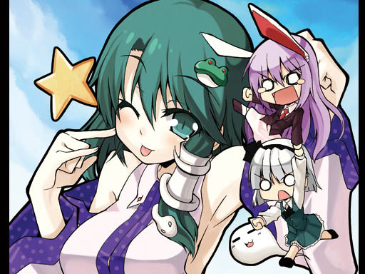 animal_ears, armpits, bare_shoulders, bunny_ears, detached_sleeves, frog, green_eyes, green_hair