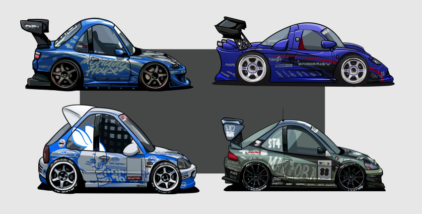 absurdres, car, chibi, from_side, grey_background, highres, holeecrab, honda