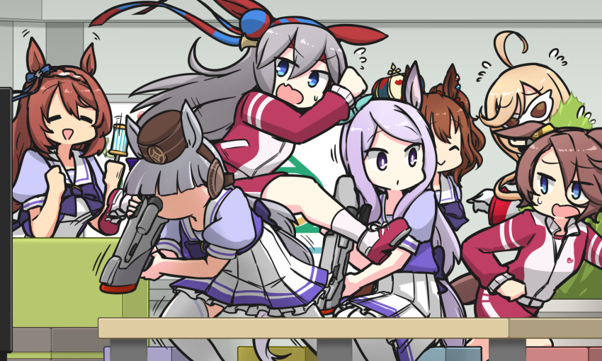 6+girls, =_=, ^_^, ahoge, animal_ears, anshinzawa_sasami, aston_machan_(umamusume), blonde_hair