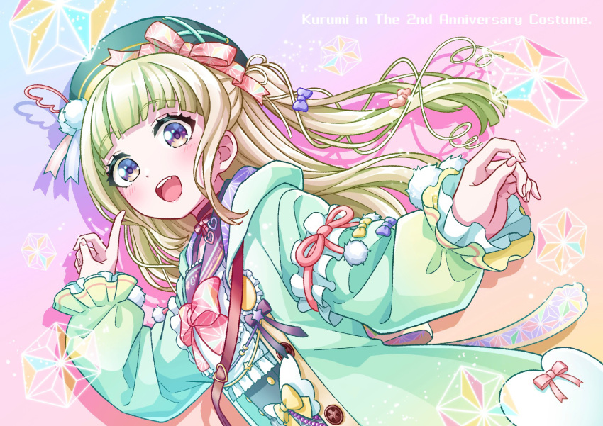 1girl, blonde_hair, blush, character_name, d4dj, green_hair, green_headwear, green_hoodie