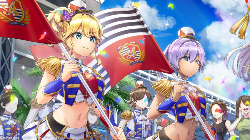 2girls, blonde_hair, blue_sky, clouds, commentary_request, confetti, dark-skinned_female, dark_skin