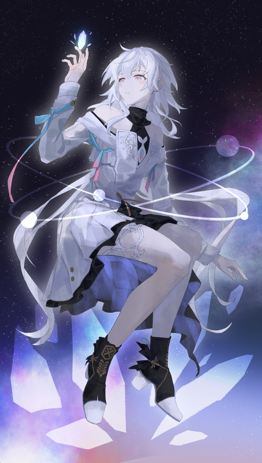 1girl, absurdres, ankle_boots, bare_legs, bare_shoulders, black_footwear, blue_eyes, boots, chinese_commentary, commentary_request, dress, eileen_(honkai:_star_rail), full_body, hand_up, high_heel_boots, high_heels, highres, honkai:_star_rail, honkai_(series), invisible_chair, long_sleeves, looking_at_object, medium_hair, moming, open_hands, parted_lips, pink_eyes, sitting, solo, star_(sky), thigh_strap, white_dress, white_hair