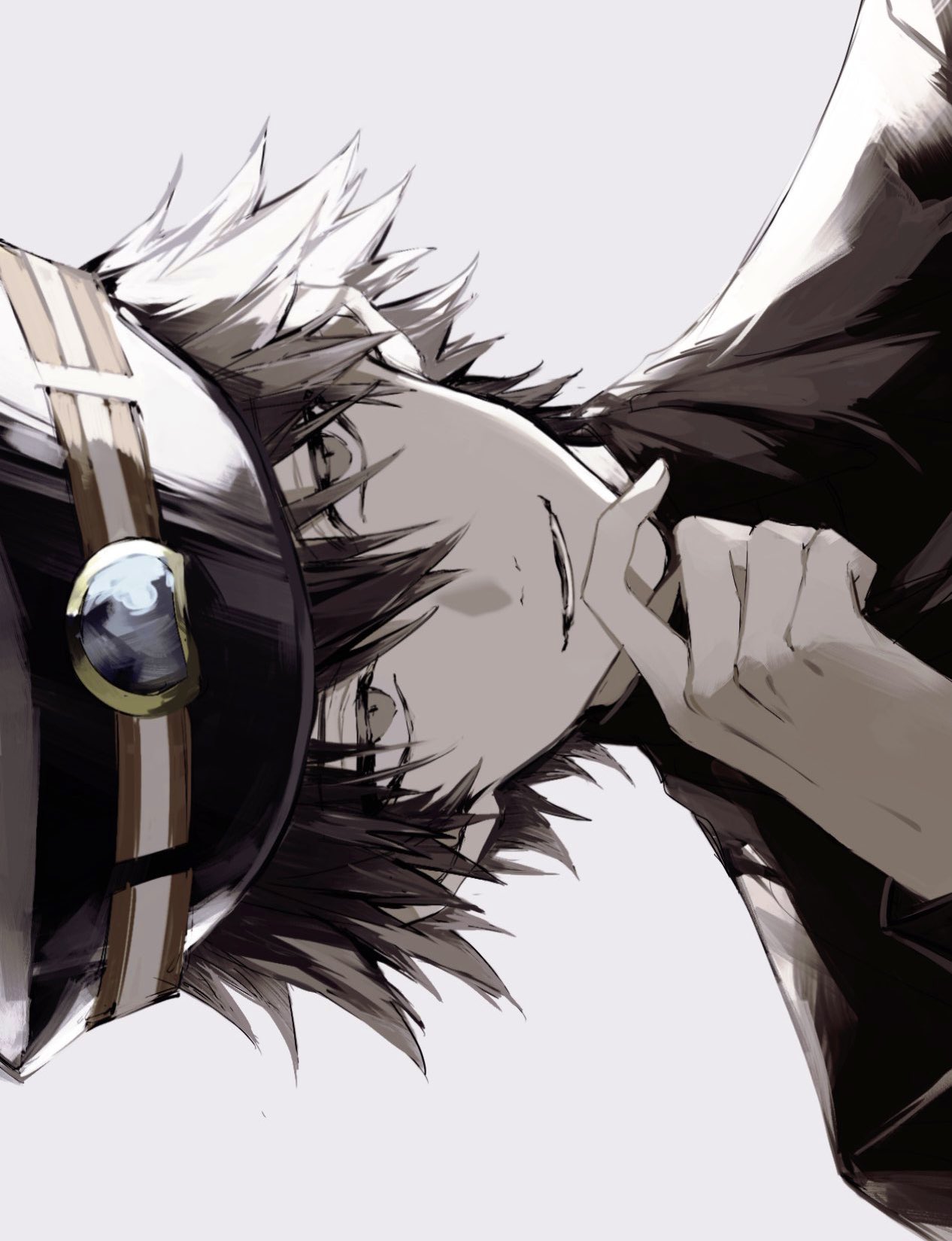 1boy, black_hair, black_jacket, bungou_stray_dogs, character_request, check_character, grey_background, grey_eyes, hair_between_eyes, hat, highres, jacket, looking_to_the_side, male_focus, military_hat, military_uniform, nozz177, open_mouth, simple_background, smile, solo, suehiro_tetchou_(bungou_stray_dogs), teeth, uniform, upper_body