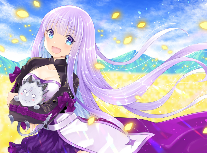 1girl, absurdres, belt, blue_eyes, bow, breasts, carrying, coat
